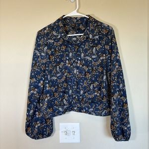 DREW MS NAVY BLUE FLORAL PRINT‎ BUTTON FRONT LONG SLEEVE JACKET / BLOUSE MED